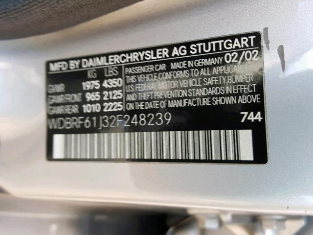 WDBRF61J32F248239 - 2002 MERCEDES-BENZ C 240 SILVER photo 10