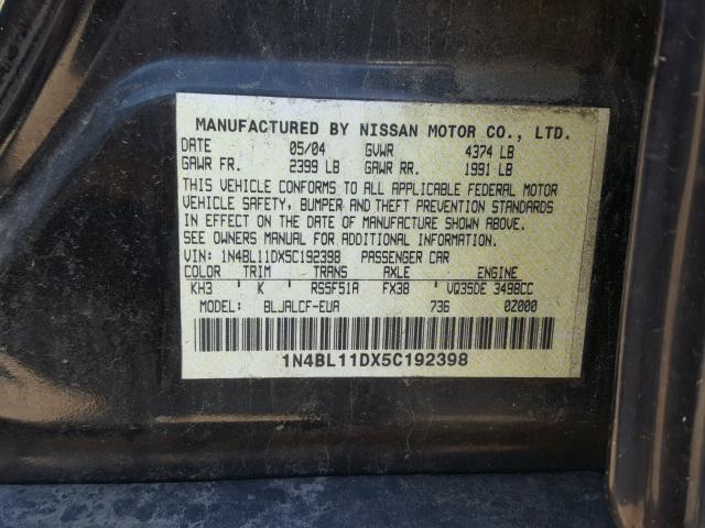 1N4BL11DX5C192398 - 2005 NISSAN ALTIMA SE BLACK photo 10