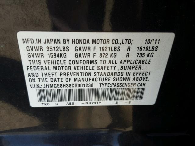 JHMGE8H38CS001238 - 2012 HONDA FIT BLACK photo 10