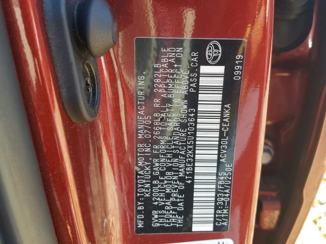 4T1BE32KX5U103643 - 2005 TOYOTA CAMRY LE BURGUNDY photo 10