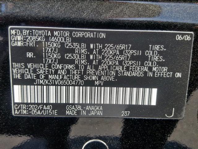 JTMZK31V065004770 - 2006 TOYOTA RAV4 LIMIT BLACK photo 10