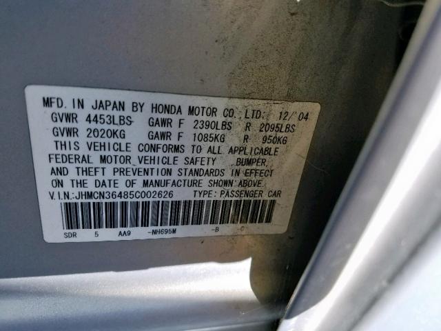 JHMCN36485C002626 - 2005 HONDA ACCORD HYB SILVER photo 10