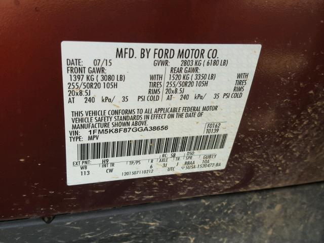 1FM5K8F87GGA38656 - 2016 FORD EXPLORER L BROWN photo 10