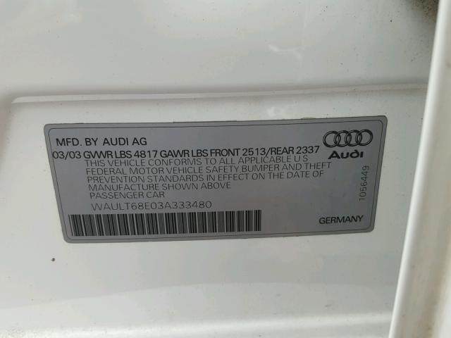 WAULT68E03A333480 - 2003 AUDI A4 3.0 QUA WHITE photo 10