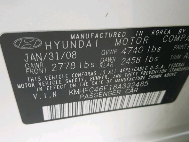 KMHFC46F18A332485 - 2008 HYUNDAI AZERA SE WHITE photo 10