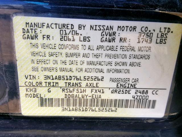 3N1AB51D76L525262 - 2006 NISSAN SENTRA SE- BLACK photo 10