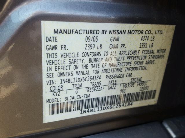 1N4BL11DX6C264184 - 2006 NISSAN ALTIMA SE GRAY photo 10