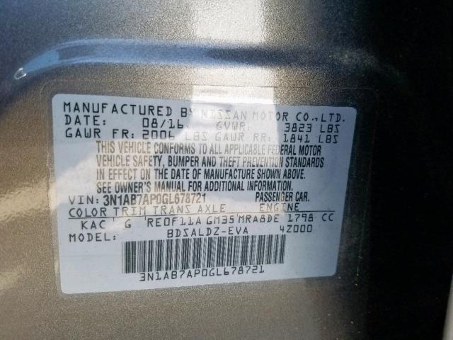 3N1AB7AP0GL678721 - 2016 NISSAN SENTRA S GRAY photo 10