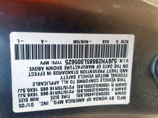 5J6YH28685L005625 - 2005 HONDA ELEMENT EX GRAY photo 10