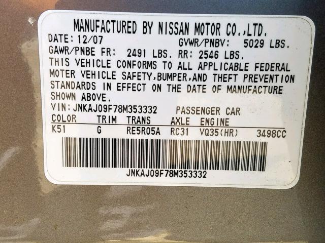 JNKAJ09F78M353332 - 2008 INFINITI EX35 BASE GRAY photo 10