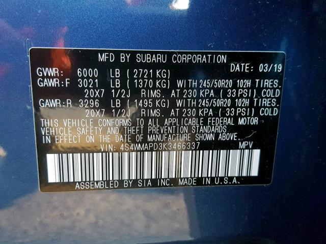 4S4WMAPD3K3466337 - 2019 SUBARU ASCENT LIM BLUE photo 10