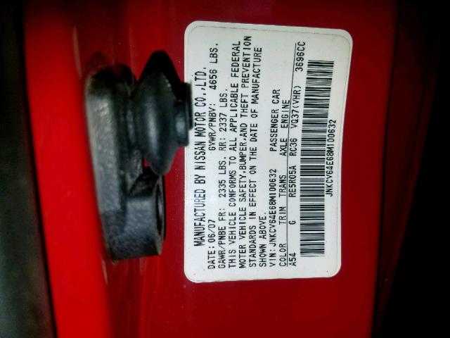 JNKCV64E68M100632 - 2008 INFINITI G37 BASE RED photo 10