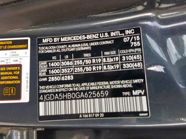 4JGDA5HB0GA625659 - 2016 MERCEDES-BENZ GLE 350 4M GRAY photo 10