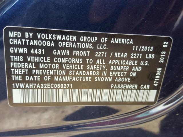 1VWAH7A32EC050271 - 2014 VOLKSWAGEN PASSAT S BLUE photo 10