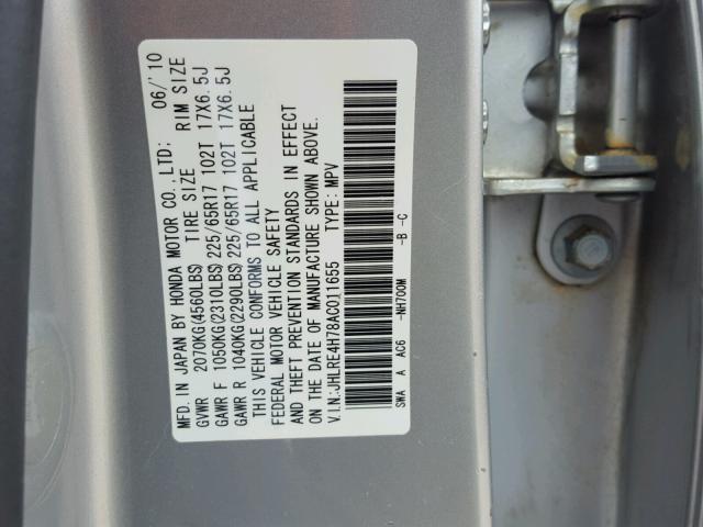 JHLRE4H78AC011655 - 2010 HONDA CR-V EXL SILVER photo 10