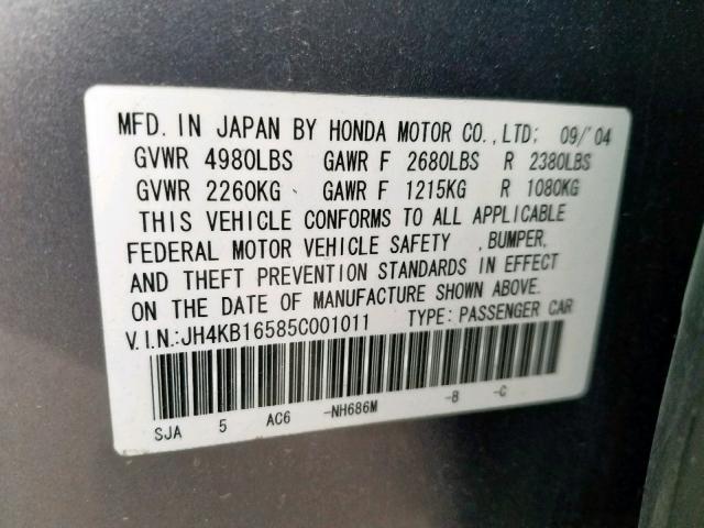 JH4KB16585C001011 - 2005 ACURA RL GRAY photo 10