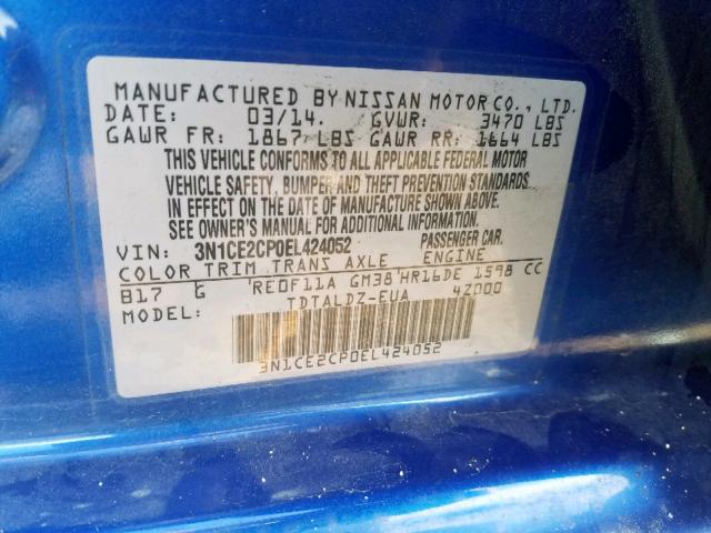 3N1CE2CP0EL424052 - 2014 NISSAN VERSA NOTE BLUE photo 10