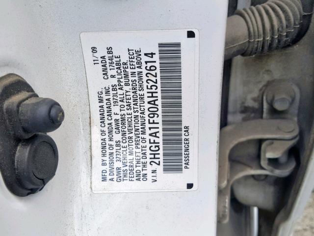 2HGFA1F90AH522614 - 2010 HONDA CIVIC EXL 白色 照片 10