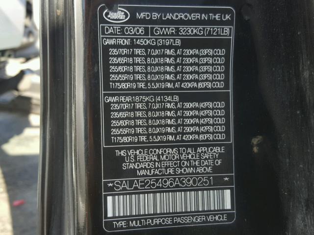 SALAE25496A390251 - 2006 LAND ROVER LR3 SE BLACK photo 10