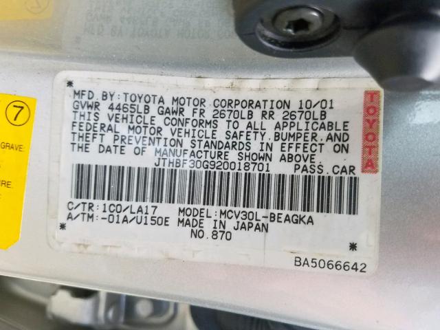 JTHBF30G920018701 - 2002 LEXUS ES 300 SILVER photo 10