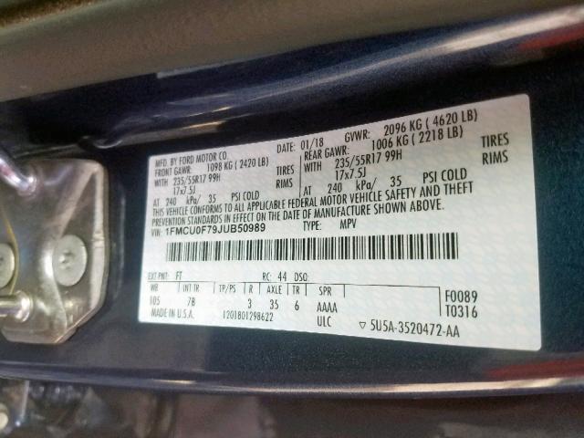 1FMCU0F79JUB50989 - 2018 FORD ESCAPE S BLUE photo 10