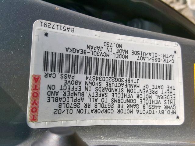 JTHBF30G220034674 - 2002 LEXUS ES 300 GRAY photo 10