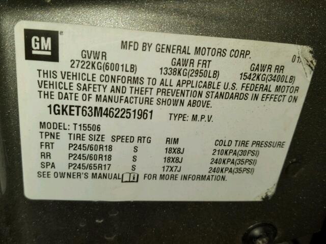 1GKET63M462251961 - 2006 GMC ENVOY DENA GRAY photo 10