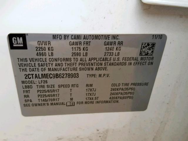 2CTALMEC9B6278903 - 2011 GMC TERRAIN SL WHITE photo 10