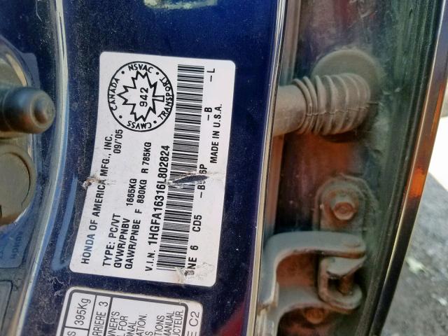 1HGFA16316L802824 - 2006 HONDA CIVIC DX V BLUE photo 10