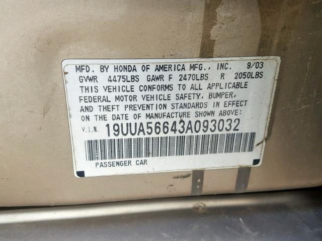 19UUA56643A093032 - 2003 ACURA 3.2TL GOLD photo 10