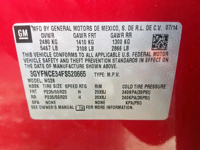 3GYFNCE34FS520665 - 2015 CADILLAC SRX PERFOR RED photo 10