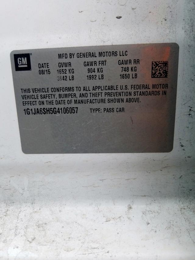 1G1JA6SH5G4106057 - 2016 CHEVROLET SONIC LS WHITE photo 10