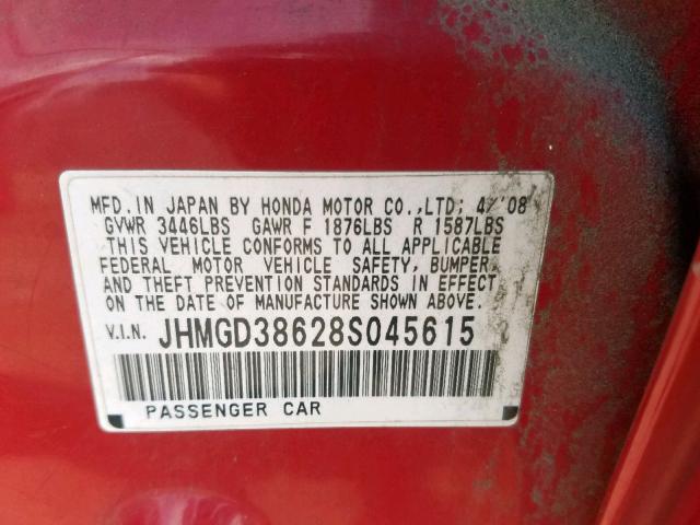 JHMGD38628S045615 - 2008 HONDA FIT SPORT RED photo 10