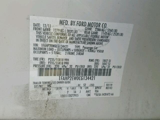 1FAHP2EW0CG134421 - 2012 FORD TAURUS SEL WHITE photo 10