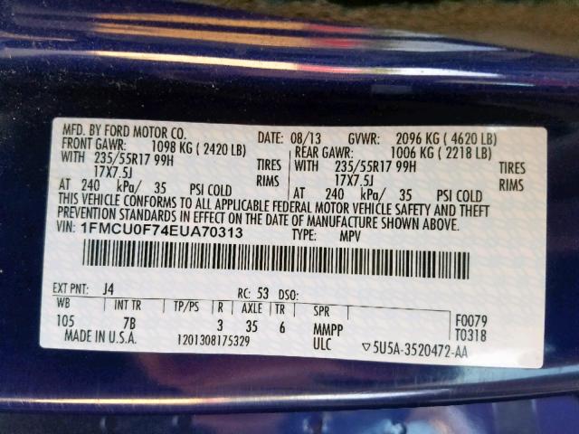 1FMCU0F74EUA70313 - 2014 FORD ESCAPE S BLUE photo 10