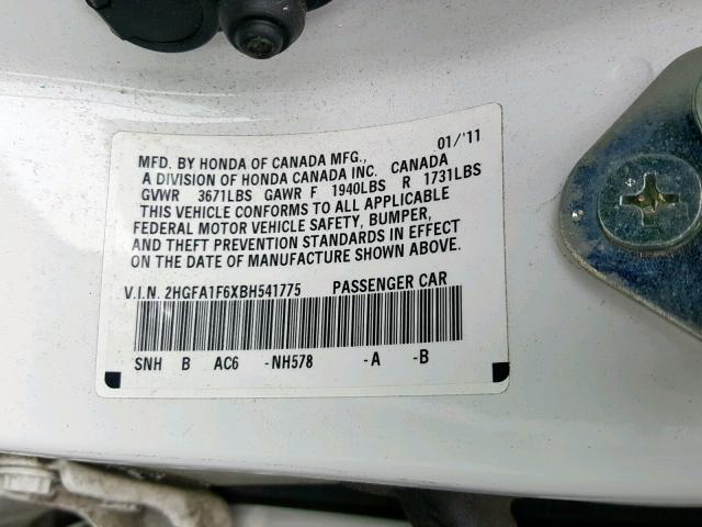 2HGFA1F6XBH541775 - 2011 HONDA CIVIC LX-S Ağ foto 10