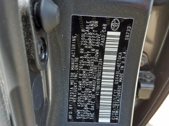 4T1BK1EB1GU237324 - 2016 TOYOTA AVALON XLE GRAY photo 10