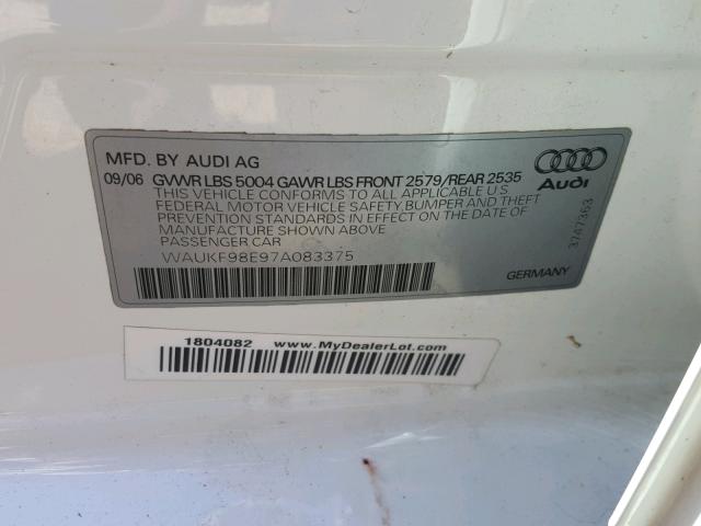 WAUKF98E97A083375 - 2007 AUDI A4 2.0T AV WHITE photo 10