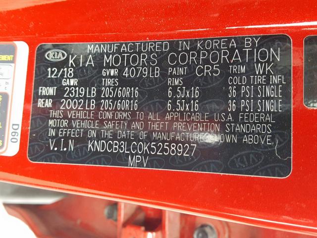 KNDCB3LC0K5258927 - 2019 KIA NIRO FE RED photo 10