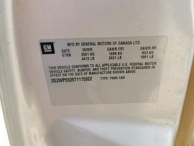 2G2WP552661234786 - 2006 PONTIAC GRAND PRIX SILVER photo 10