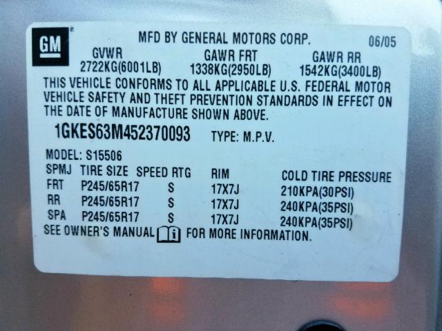 1GKES63M452370093 - 2005 GMC ENVOY DENA SILVER photo 10