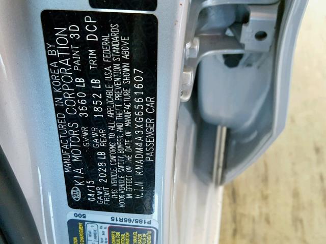 KNADM4A3XG6561607 - 2016 KIA RIO LX SILVER photo 10