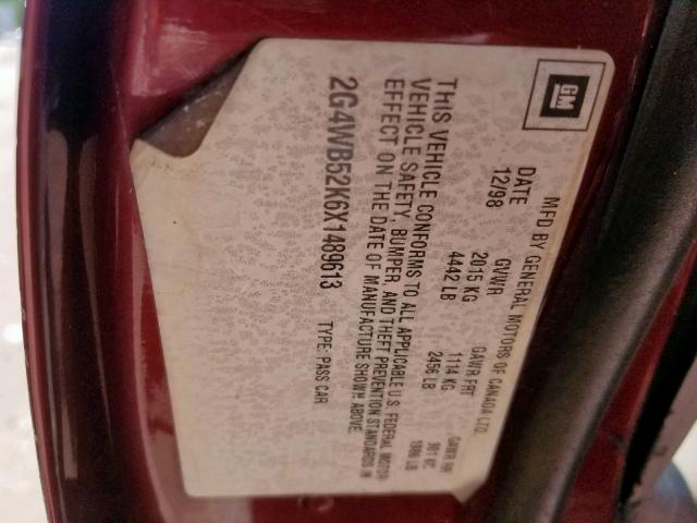 2G4WB52K6X1489613 - 1999 BUICK REGAL LS BURGUNDY photo 10