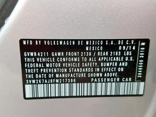 3VW2K7AJ8FM217396 - 2015 VOLKSWAGEN JETTA BASE SILVER photo 10