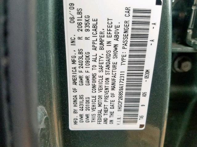 1HGCP26859A172311 - 2009 HONDA ACCORD EXL GREEN photo 10