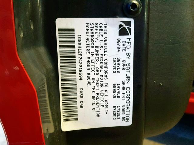 1G8AW12F74Z216594 - 2004 SATURN ION LEVEL RED photo 10