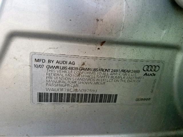 WAUDF78E38A097593 - 2008 AUDI A4 2.0T QU SILVER photo 10