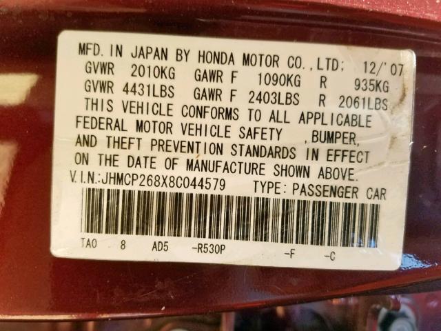 JHMCP268X8C044579 - 2008 HONDA ACCORD EXL BURGUNDY photo 10