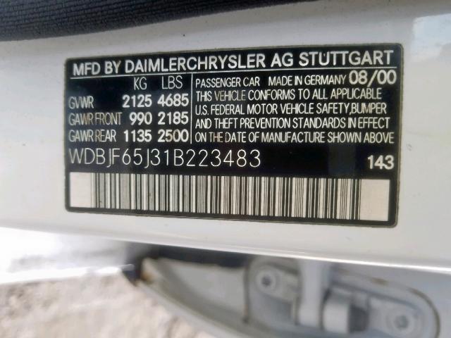 WDBJF65J31B223483 - 2001 MERCEDES-BENZ E 320 WHITE photo 10