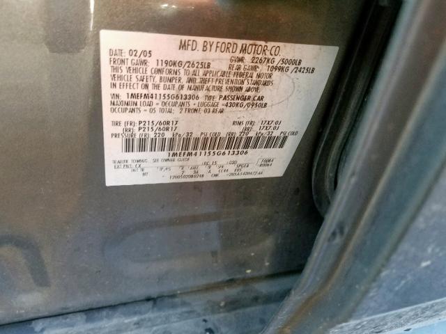 1MEFM41155G613306 - 2005 MERCURY MONTEGO LU GRAY photo 10